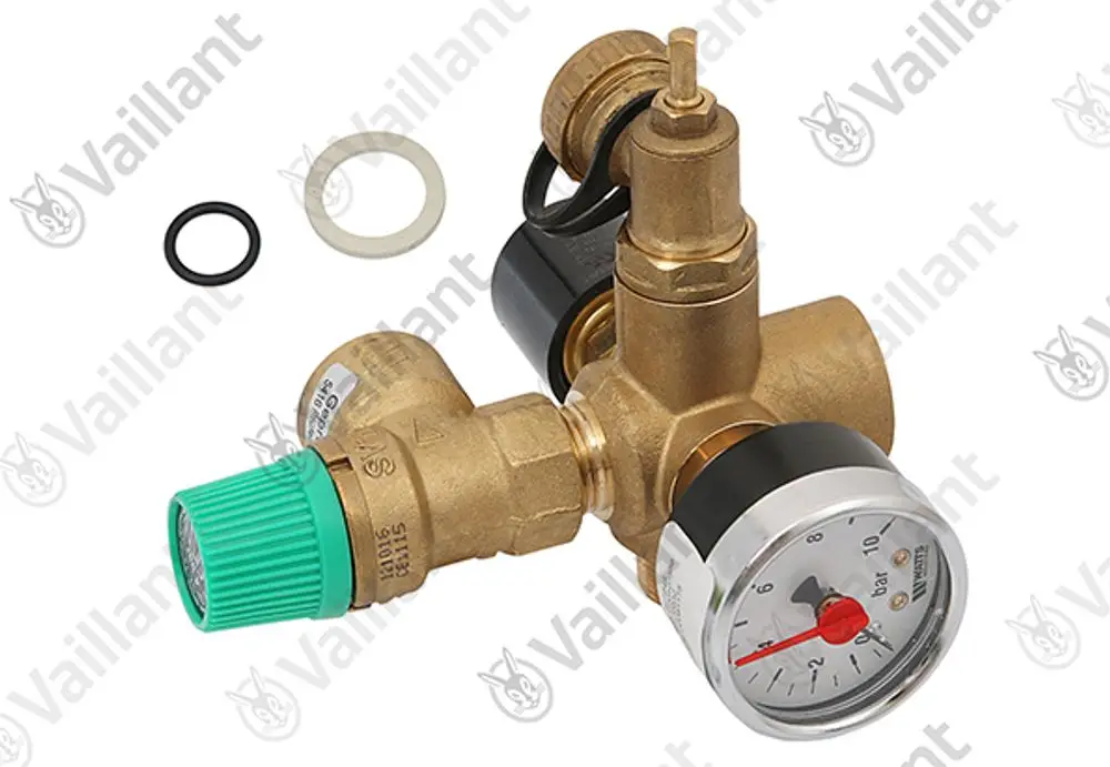 Vaillant Sicherheitsventil mit Druckanzeige und verschiedenen Anschlussstellen. Enthält zusätzlich Dichtungen und eine grüne Einstellkappe.